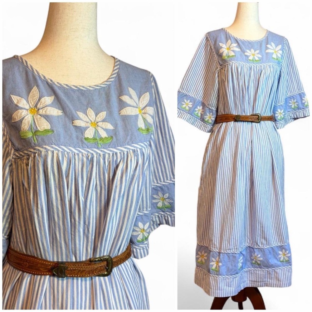 Vintage 80s/90s Cotton flower embroidered dress. Size medium